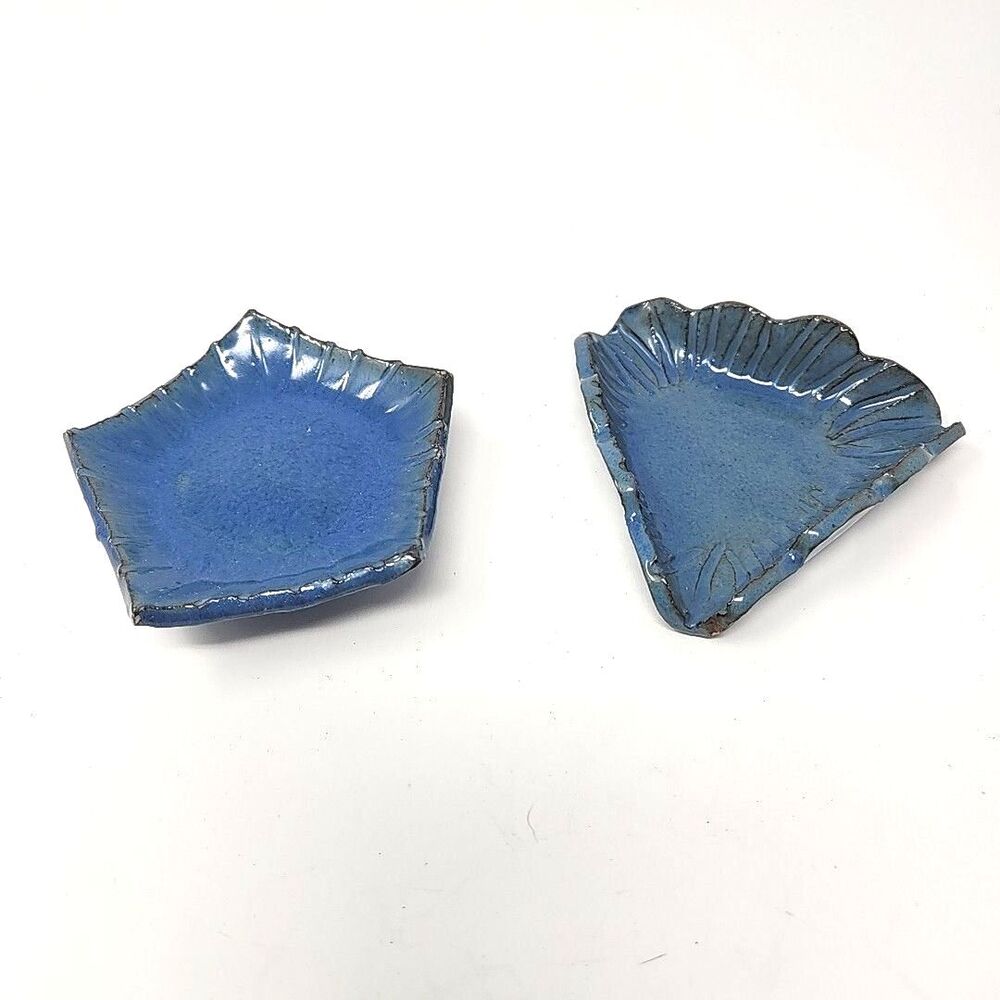 MCM Trinket Ring Dishes Studio Pottery Signed Hand Glazed Lot of 2 Vintage Blue